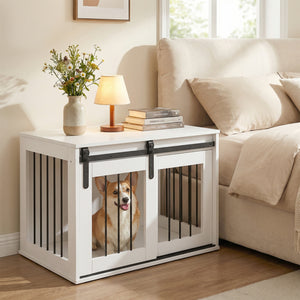 Dog Crate Furniture Heavy Duty Dog Kennel with Sliding Barn Door-White