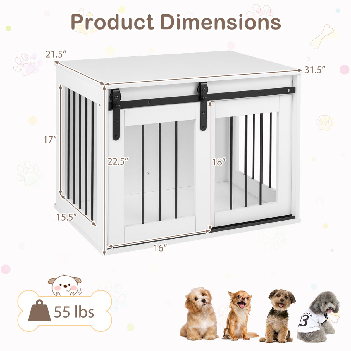 Dog Crate Furniture Heavy Duty Dog Kennel with Sliding Barn Door-White