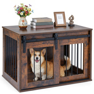 Dog Crate Furniture Heavy Duty Dog Kennel with Sliding Barn Door-Rustic Brown
