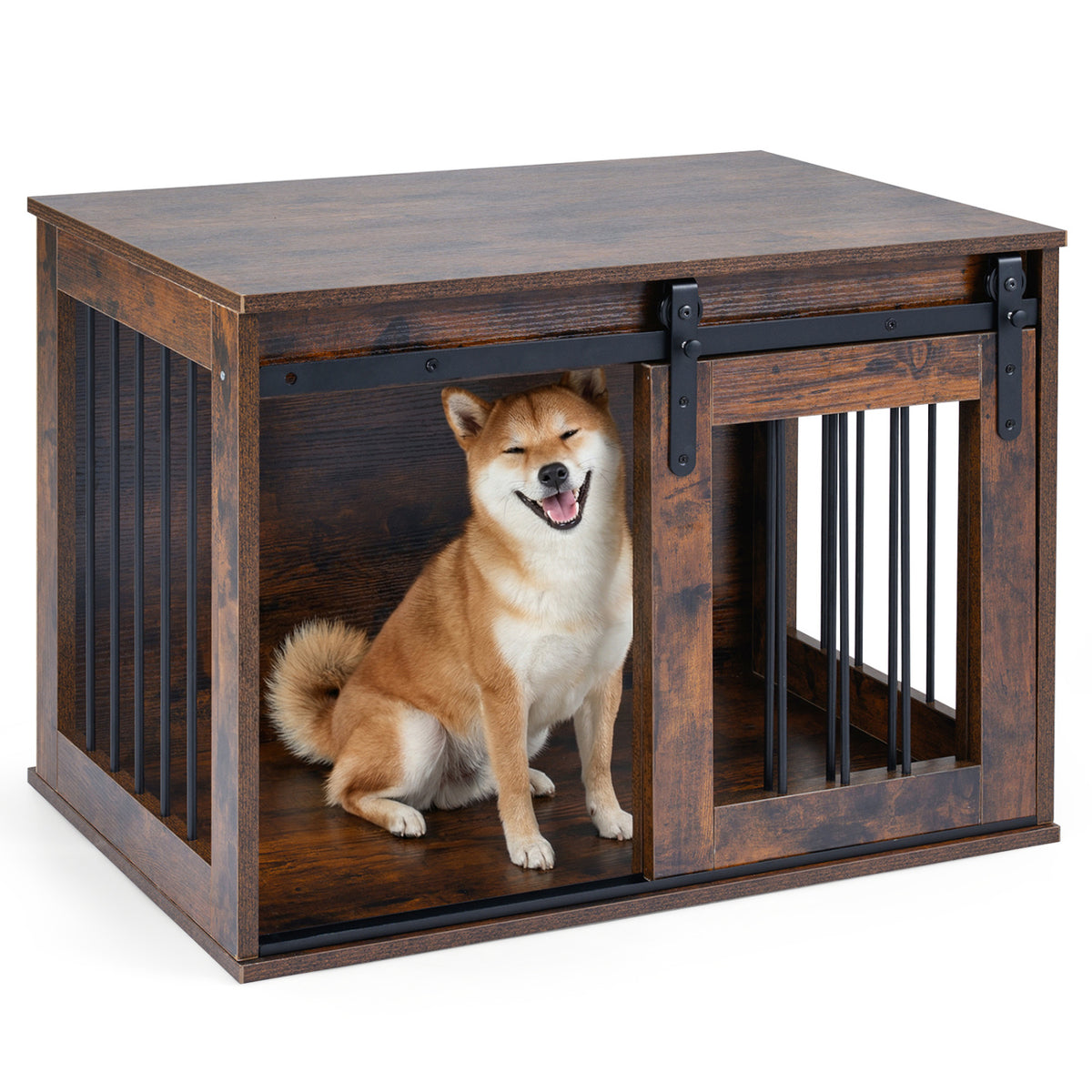 Dog Crate Furniture Heavy Duty Dog Kennel with Sliding Barn Door-Rustic Brown