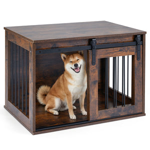 Dog Crate Furniture Heavy Duty Dog Kennel with Sliding Barn Door-Rustic Brown