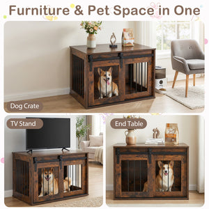 Dog Crate Furniture Heavy Duty Dog Kennel with Sliding Barn Door-Rustic Brown