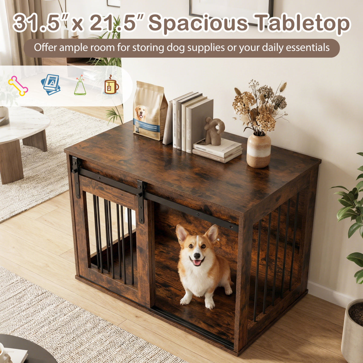Dog Crate Furniture Heavy Duty Dog Kennel with Sliding Barn Door-Rustic Brown