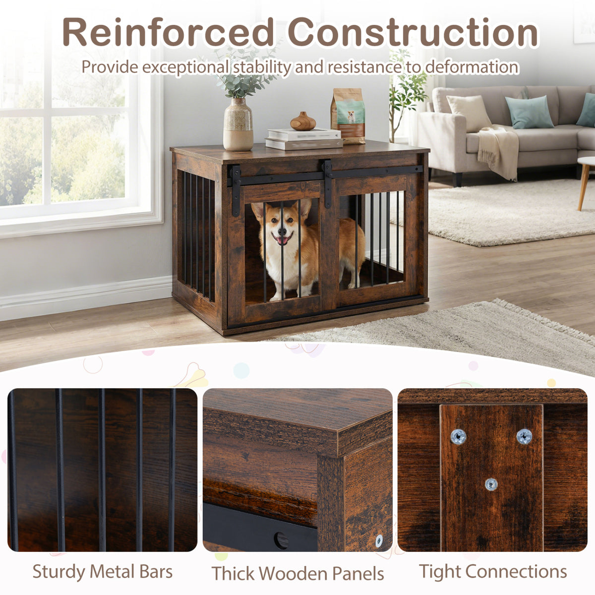 Dog Crate Furniture Heavy Duty Dog Kennel with Sliding Barn Door-Rustic Brown