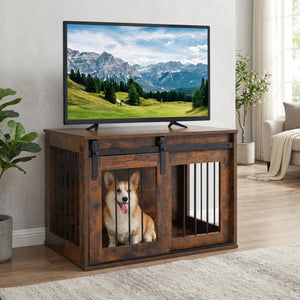 Dog Crate Furniture Heavy Duty Dog Kennel with Sliding Barn Door-Rustic Brown