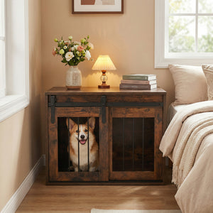Dog Crate Furniture Heavy Duty Dog Kennel with Sliding Barn Door-Rustic Brown