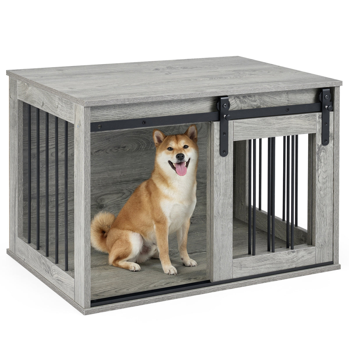 Dog Crate Furniture Heavy Duty Dog Kennel with Sliding Barn Door-Gray