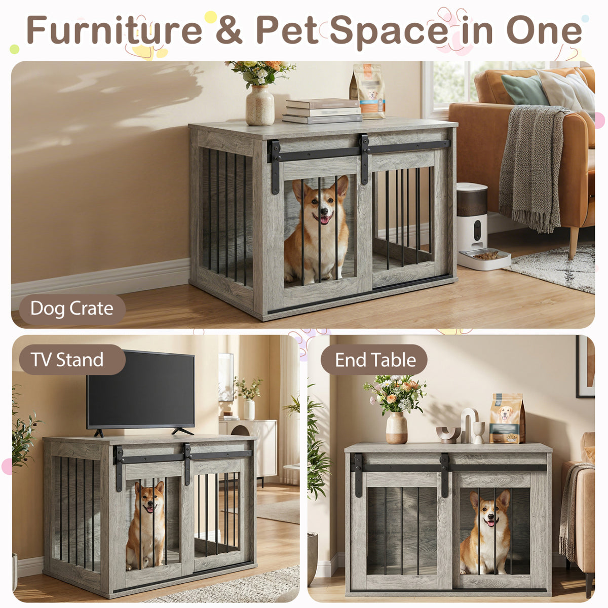 Dog Crate Furniture Heavy Duty Dog Kennel with Sliding Barn Door-Gray