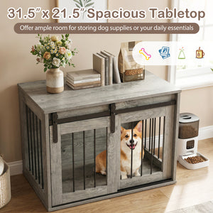 Dog Crate Furniture Heavy Duty Dog Kennel with Sliding Barn Door-Gray