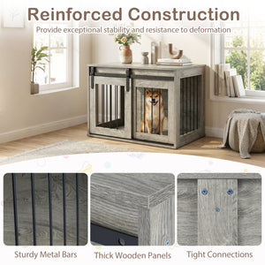 Dog Crate Furniture Heavy Duty Dog Kennel with Sliding Barn Door-Gray