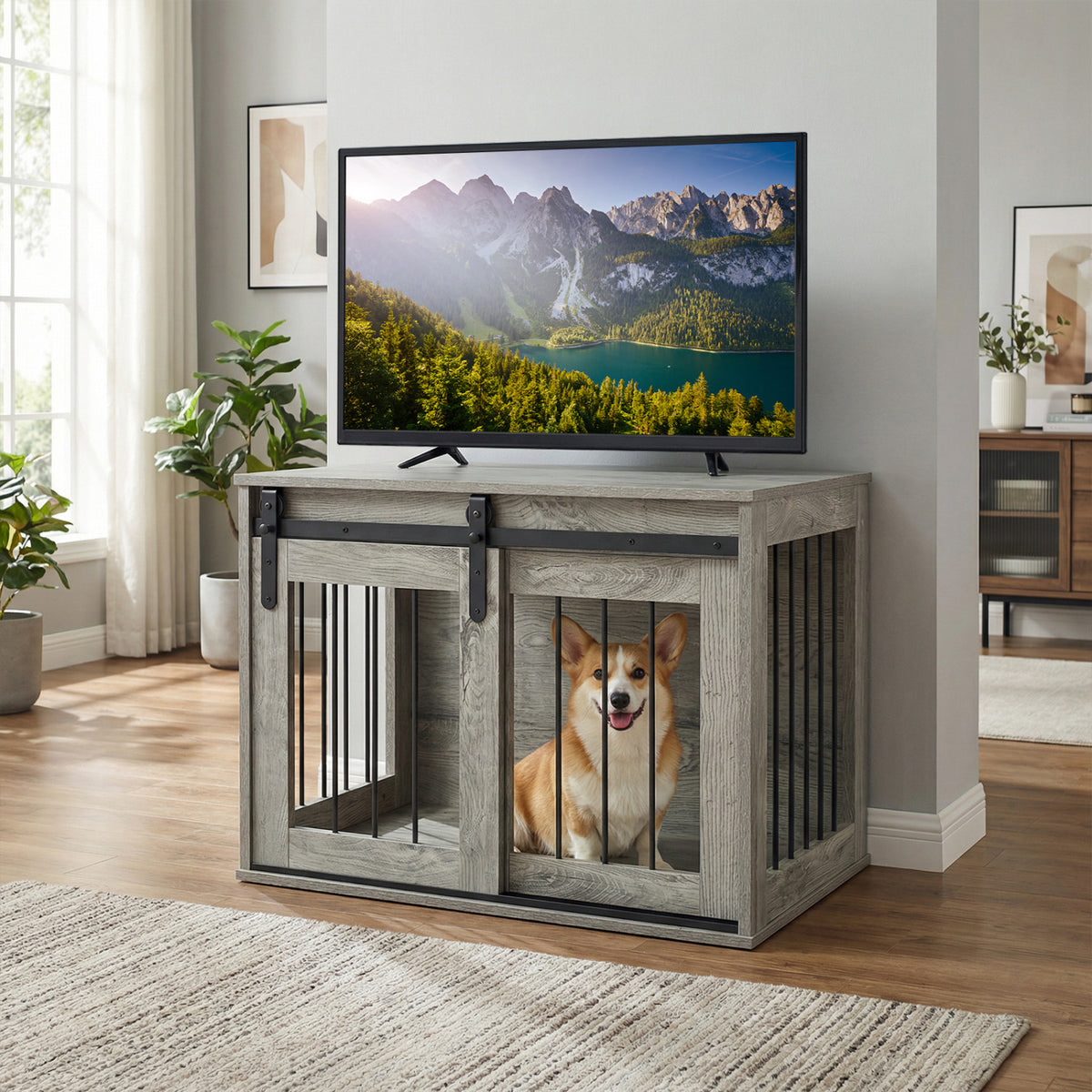 Dog Crate Furniture Heavy Duty Dog Kennel with Sliding Barn Door-Gray