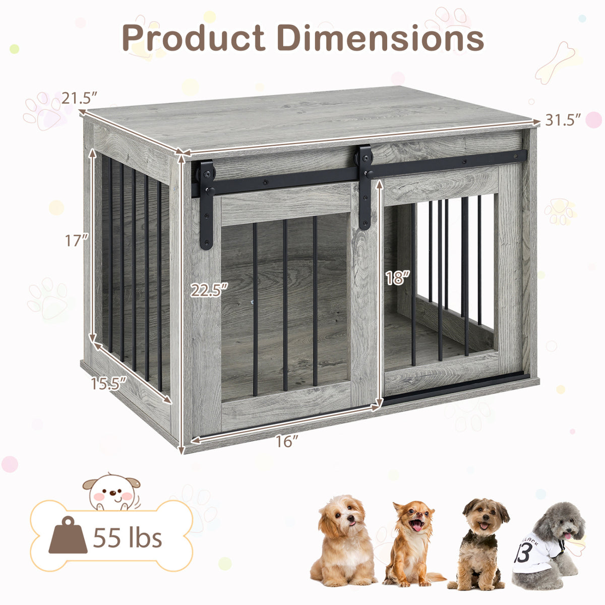 Dog Crate Furniture Heavy Duty Dog Kennel with Sliding Barn Door-Gray