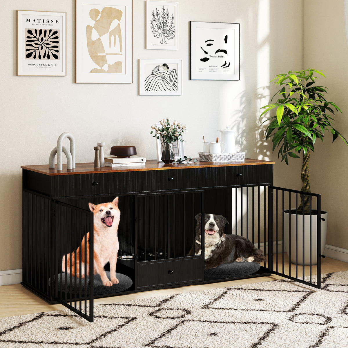 Dog Crate Furniture Indoor Modern Dog Kennel with Divider 3 Drawers and Pull-out Feeder-Black