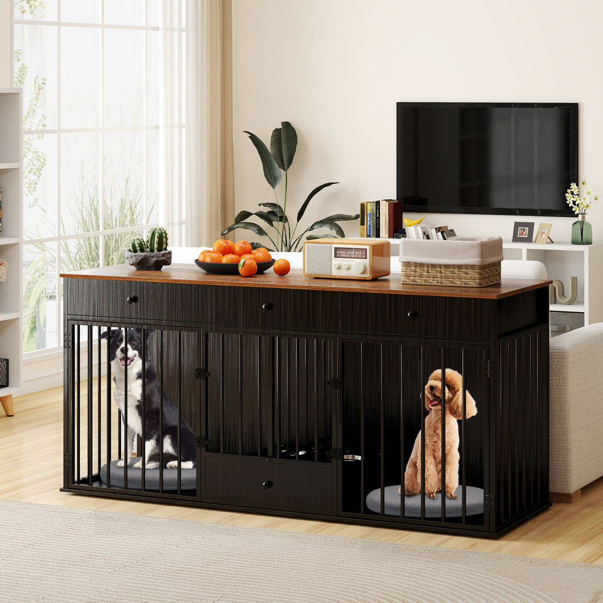 Dog Crate Furniture Indoor Modern Dog Kennel with Divider 3 Drawers and Pull-out Feeder-Black
