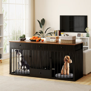 Dog Crate Furniture Indoor Modern Dog Kennel with Divider 3 Drawers and Pull-out Feeder-Black