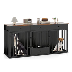 Dog Crate Furniture Indoor Modern Dog Kennel with Divider 3 Drawers and Pull-out Feeder-Black