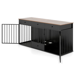 Dog Crate Furniture Indoor Modern Dog Kennel with Divider 3 Drawers and Pull-out Feeder-Black