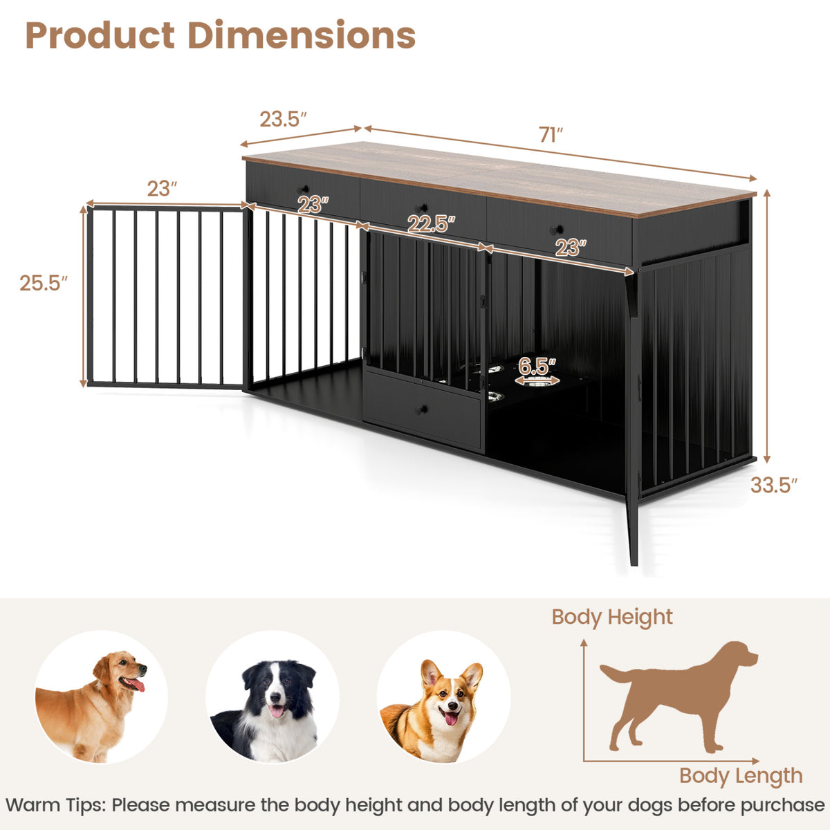 Dog Crate Furniture Indoor Modern Dog Kennel with Divider 3 Drawers and Pull-out Feeder-Black