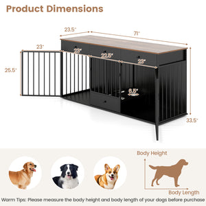 Dog Crate Furniture Indoor Modern Dog Kennel with Divider 3 Drawers and Pull-out Feeder-Black