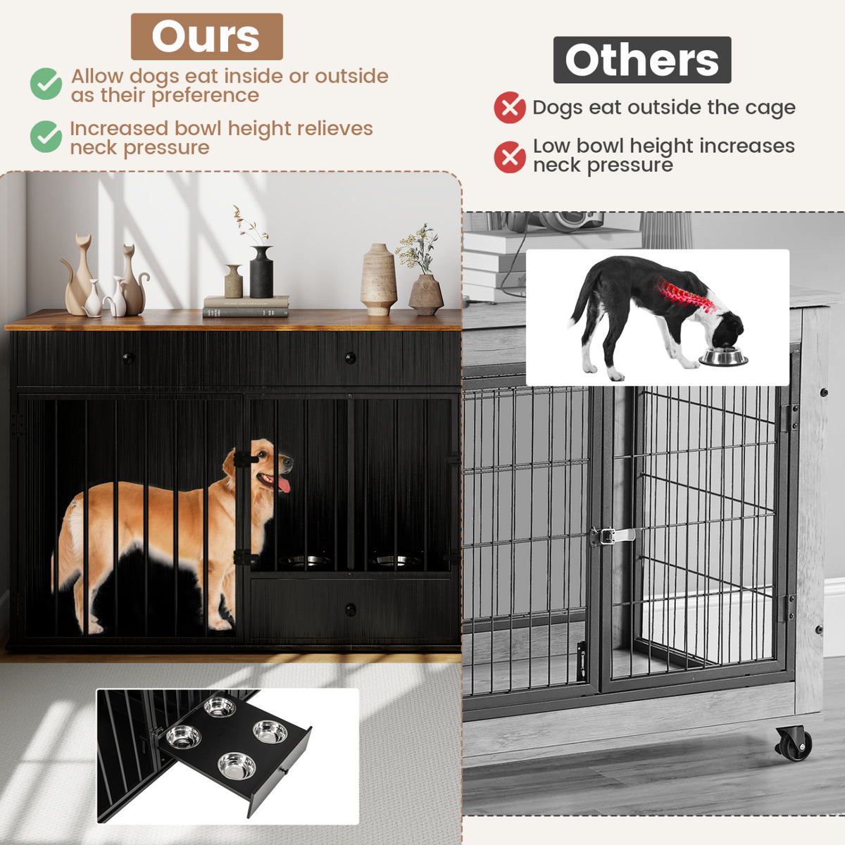 Dog Crate Furniture Indoor Modern Dog Kennel with Divider 3 Drawers and Pull-out Feeder-Black