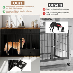 Dog Crate Furniture Indoor Modern Dog Kennel with Divider 3 Drawers and Pull-out Feeder-Black