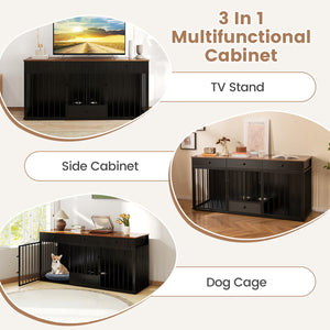 Dog Crate Furniture Indoor Modern Dog Kennel with Divider 3 Drawers and Pull-out Feeder-Black