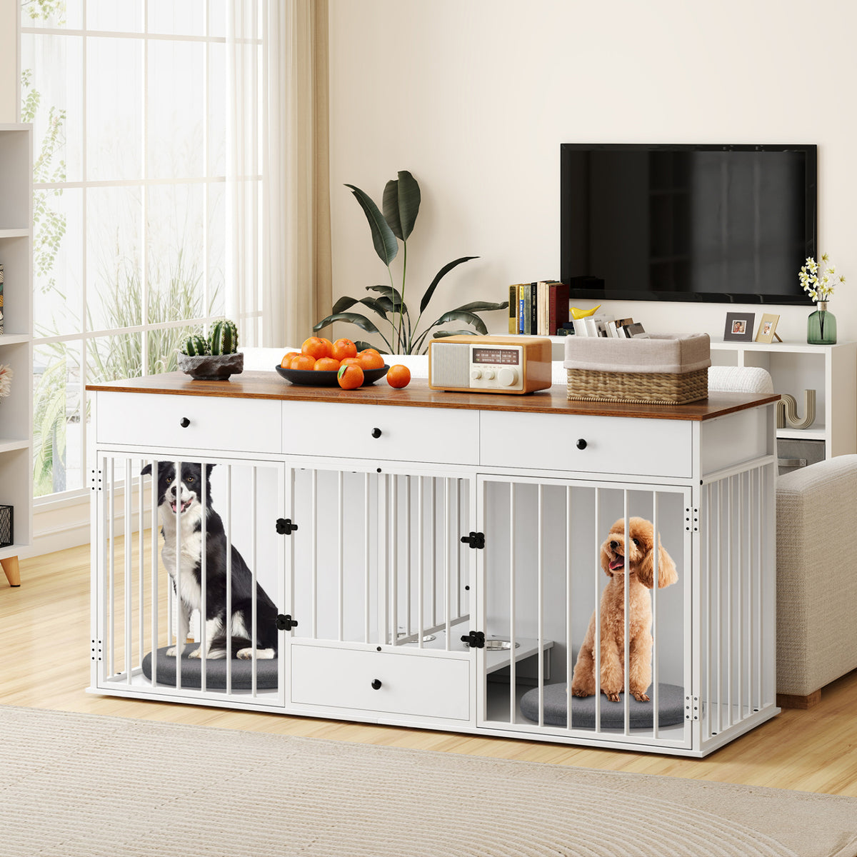 Dog Crate Furniture Indoor Modern Dog Kennel with Divider 3 Drawers and Pull-out Feeder-White