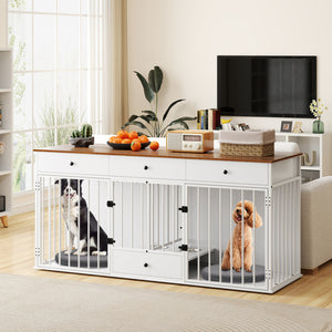 Dog Crate Furniture Indoor Modern Dog Kennel with Divider 3 Drawers and Pull-out Feeder-White
