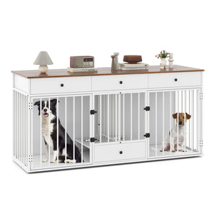 Dog Crate Furniture Indoor Modern Dog Kennel with Divider 3 Drawers and Pull-out Feeder-White