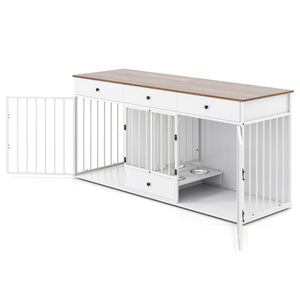 Dog Crate Furniture Indoor Modern Dog Kennel with Divider 3 Drawers and Pull-out Feeder-White
