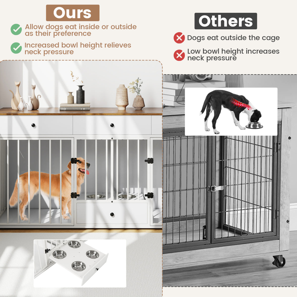 Dog Crate Furniture Indoor Modern Dog Kennel with Divider 3 Drawers and Pull-out Feeder-White