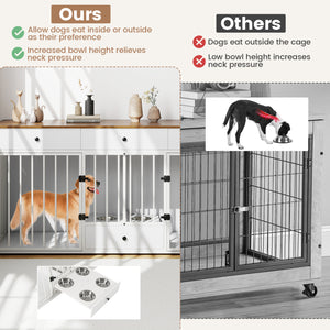 Dog Crate Furniture Indoor Modern Dog Kennel with Divider 3 Drawers and Pull-out Feeder-White