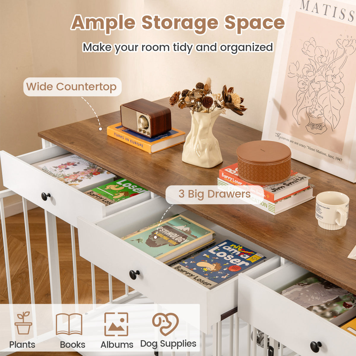Dog Crate Furniture Indoor Modern Dog Kennel with Divider 3 Drawers and Pull-out Feeder-White