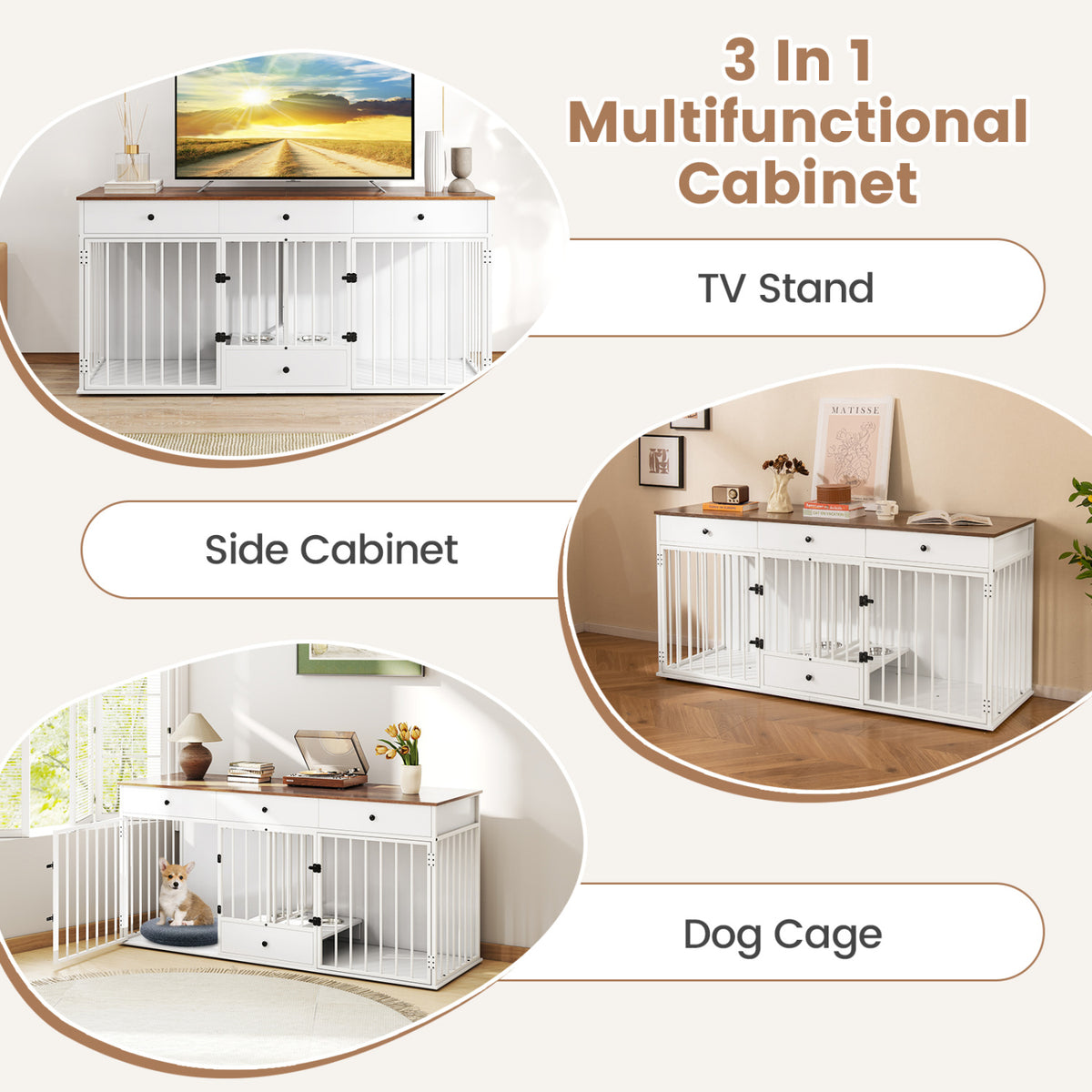 Dog Crate Furniture Indoor Modern Dog Kennel with Divider 3 Drawers and Pull-out Feeder-White