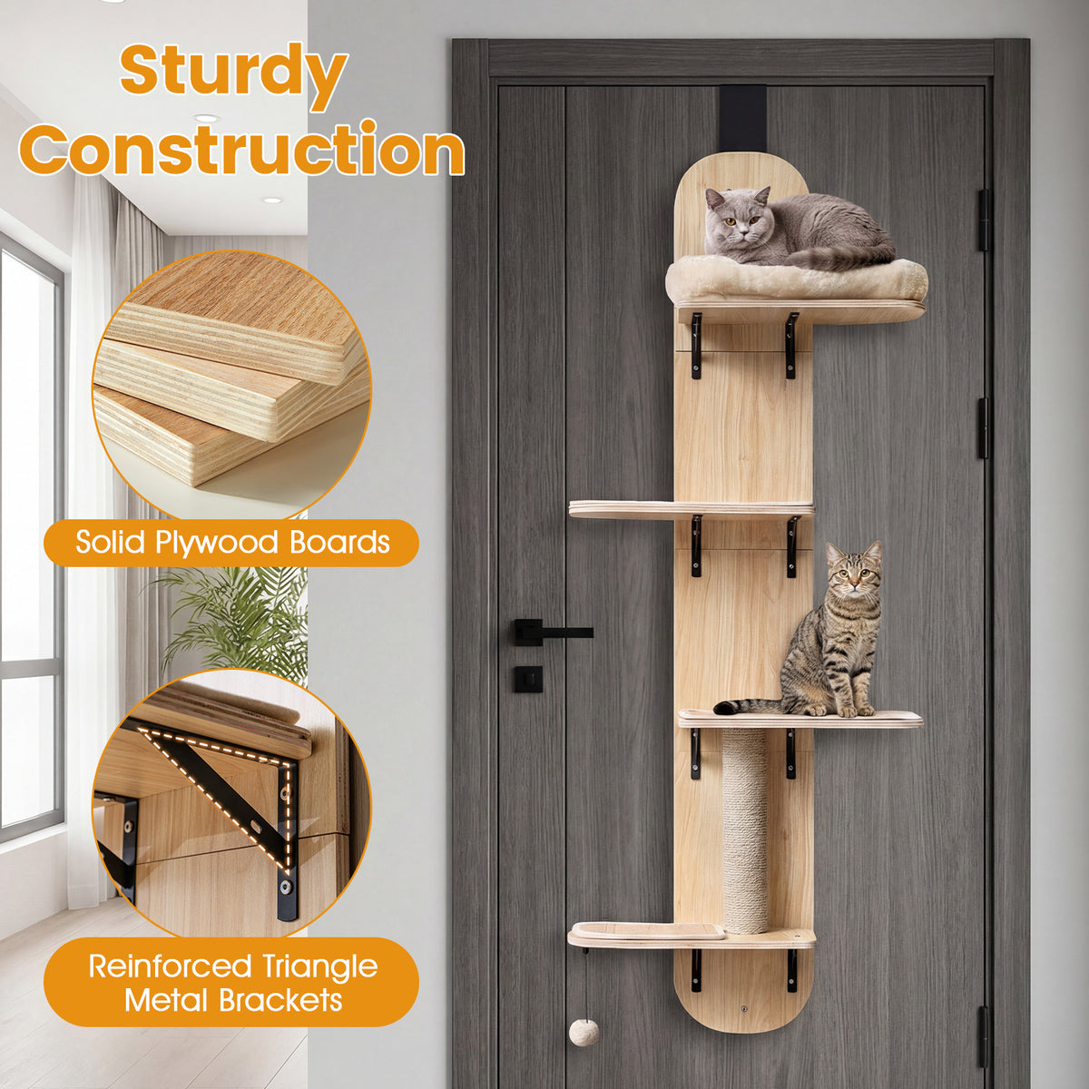 Door Hanging Cat Climber 4-level Height Adjustable with Plush Bed-Beige