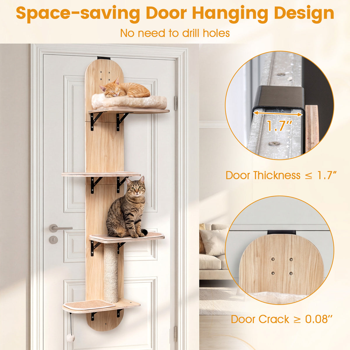 Door Hanging Cat Climber 4-level Height Adjustable with Plush Bed-Beige