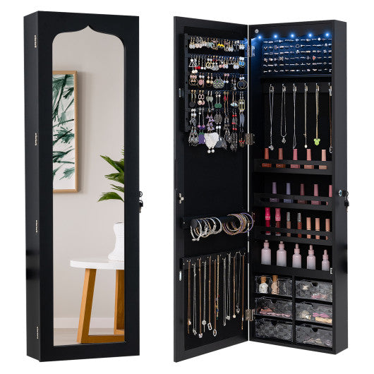 Door Hanging Mirror Jewelry Armoire with Full Length Mirror and 6 Drawers-Black