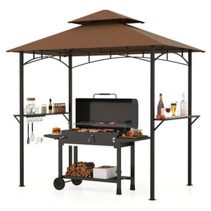 Outdoor Double-Tiered Grill Gazebo Canopy with 2 Shelves and 7 Hooks-Coffee