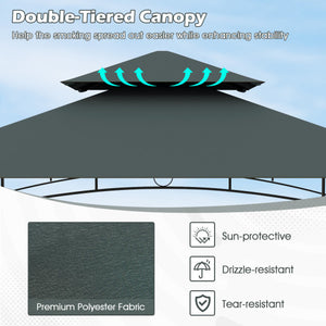 Outdoor Double-Tiered Grill Gazebo Canopy with 2 Shelves and 7 Hooks-Gray