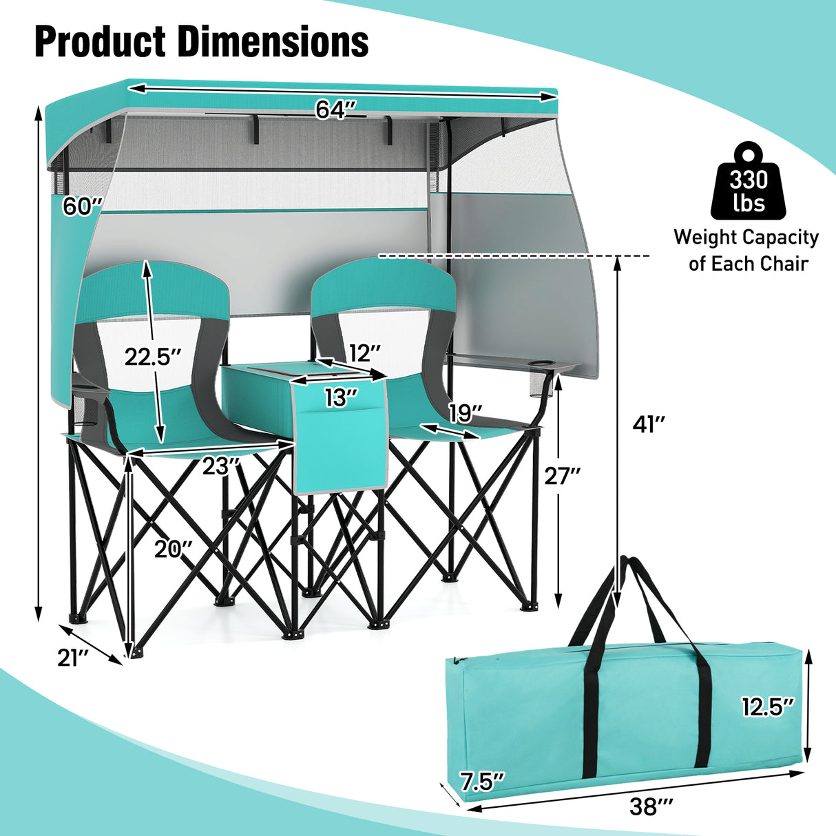 Double Beach Chair with Adjustable Canopy and 3 -Side Shading Curtains-Turquoise