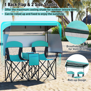 Double Beach Chair with Adjustable Canopy and 3 -Side Shading Curtains-Turquoise