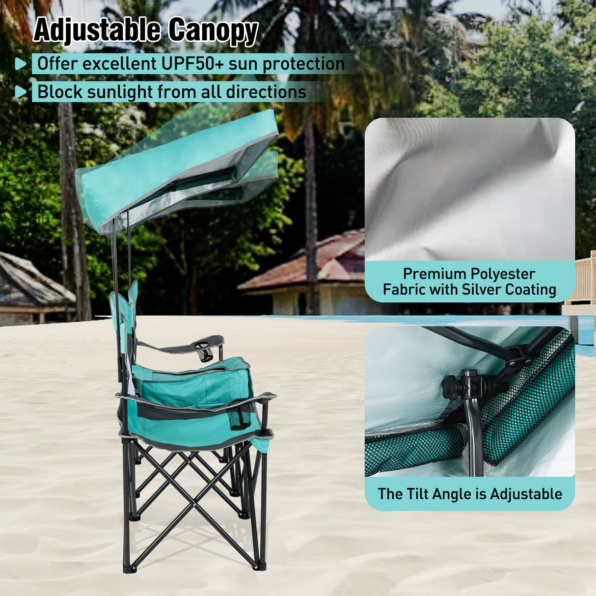 Double Beach Chair with Adjustable Canopy and 3 -Side Shading Curtains-Turquoise