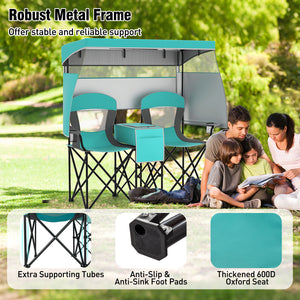 Double Beach Chair with Adjustable Canopy and 3 -Side Shading Curtains-Turquoise