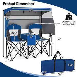 Double Beach Chair with Adjustable Canopy and 3 -Side Shading Curtains-Navy