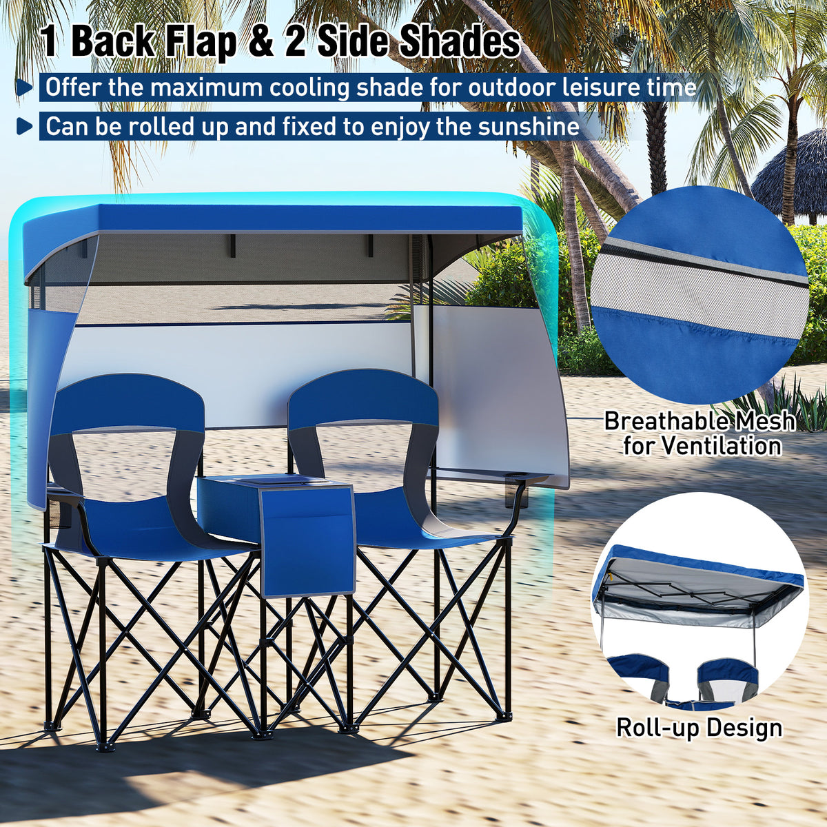 Double Beach Chair with Adjustable Canopy and 3 -Side Shading Curtains-Navy