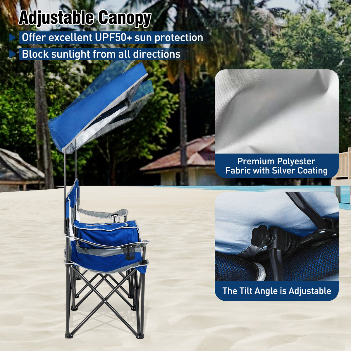 Double Beach Chair with Adjustable Canopy and 3 -Side Shading Curtains-Navy
