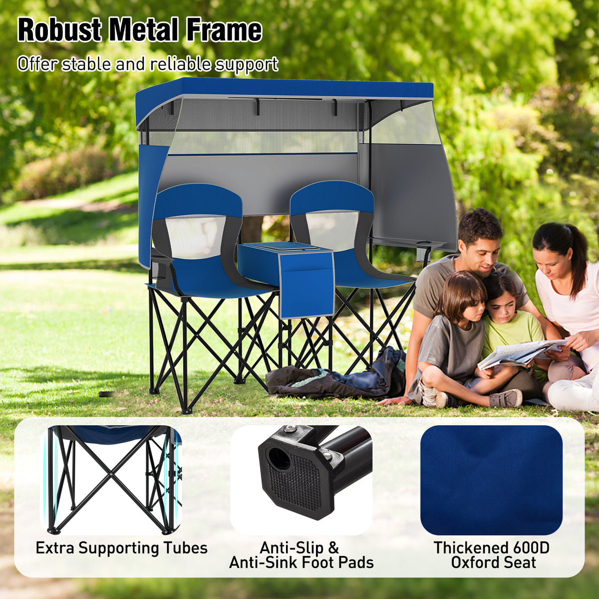 Double Beach Chair with Adjustable Canopy and 3 -Side Shading Curtains-Navy