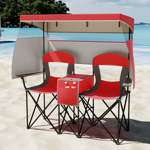 Double Beach Chair with Adjustable Canopy and 3 -Side Shading Curtains-Red