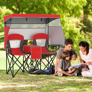 Double Beach Chair with Adjustable Canopy and 3 -Side Shading Curtains-Red