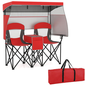 Double Beach Chair with Adjustable Canopy and 3 -Side Shading Curtains-Red